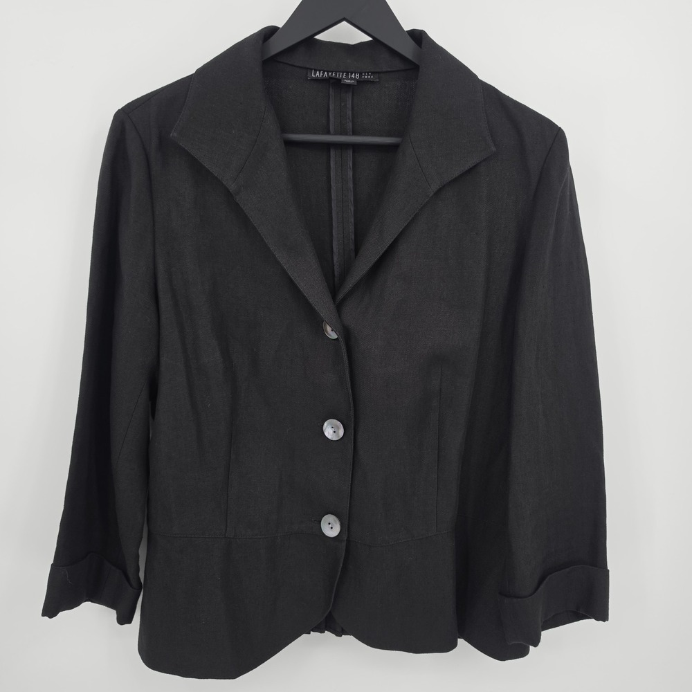 Lafayette 148 Linen Blazer Jacket Sz 10 Black Quiet Luxury Minimalist Office